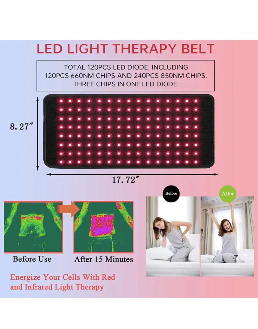 NEW 120 LEDs Red Light Belt 660nm&850nm Infrared Light Therapy Pad for Body Fatigue Deep Therapy for Back Knee Hands Feet Relief